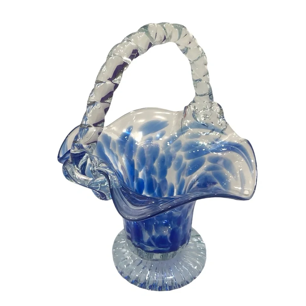 BLUE & CLEAR GLASS BASKET WITH RUFFLED WAVY EDGES